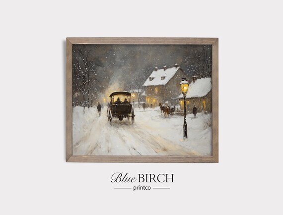 Horse Drawn Carriage Snowy Christmas Village Night Art Poster