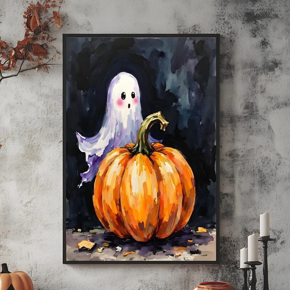 Cute Ghost With Pumpkin Watercolor Halloween Painterly Wall Art