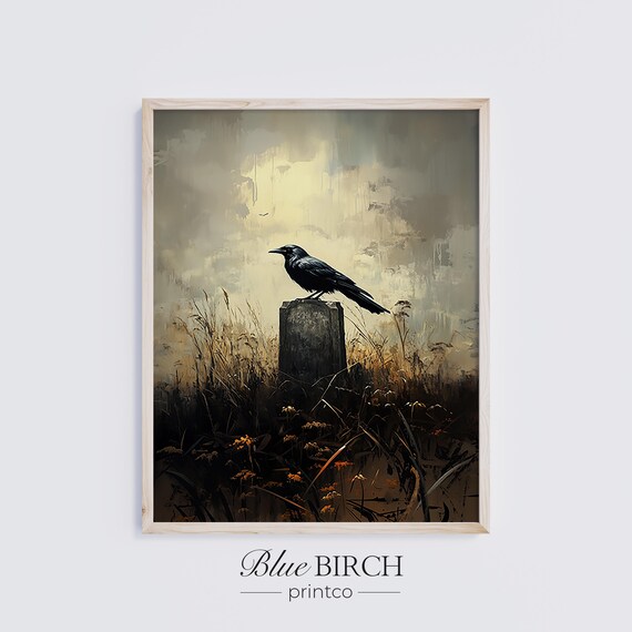 Black Crow On Gravestone In Misty Autumn Field Moody Bird Poster