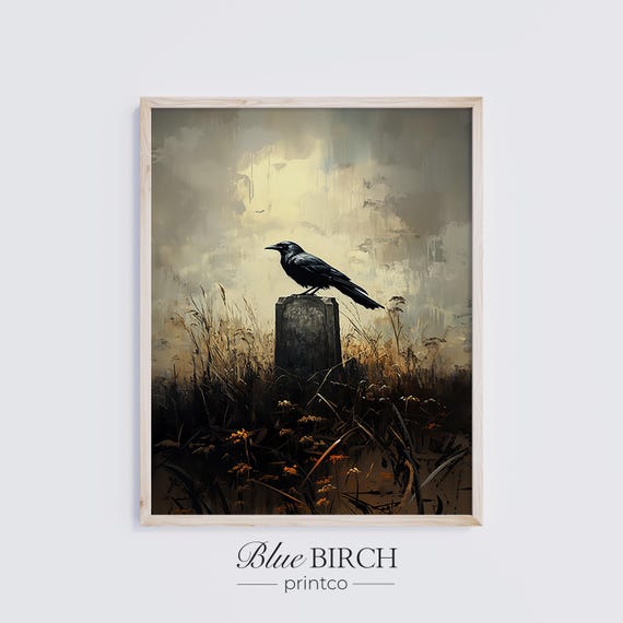 Moody Crow On Gravestone Oil Painting Atmospheric Autumn Art Rustic Wall Decor Foggy Landscape Dark Gothic Scene 1