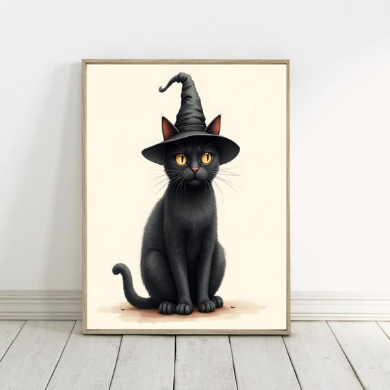 Black Cat Witch Hat Wall Art Cute Halloween Poster Minimalist Neutral Decor Spooky Season Fall Autumn Rustic Vintage