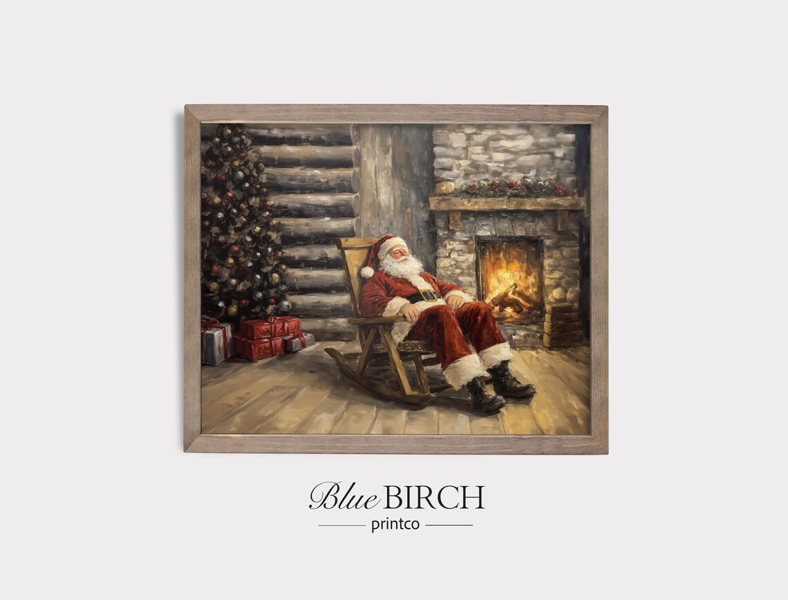 Vintage Santa Sleeping by Fireplace in Cozy Log Cabin Christmas Wall Art