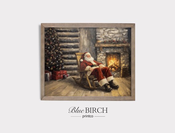Vintage Santa Sleeping by Fireplace in Cozy Log Cabin Christmas Wall Art