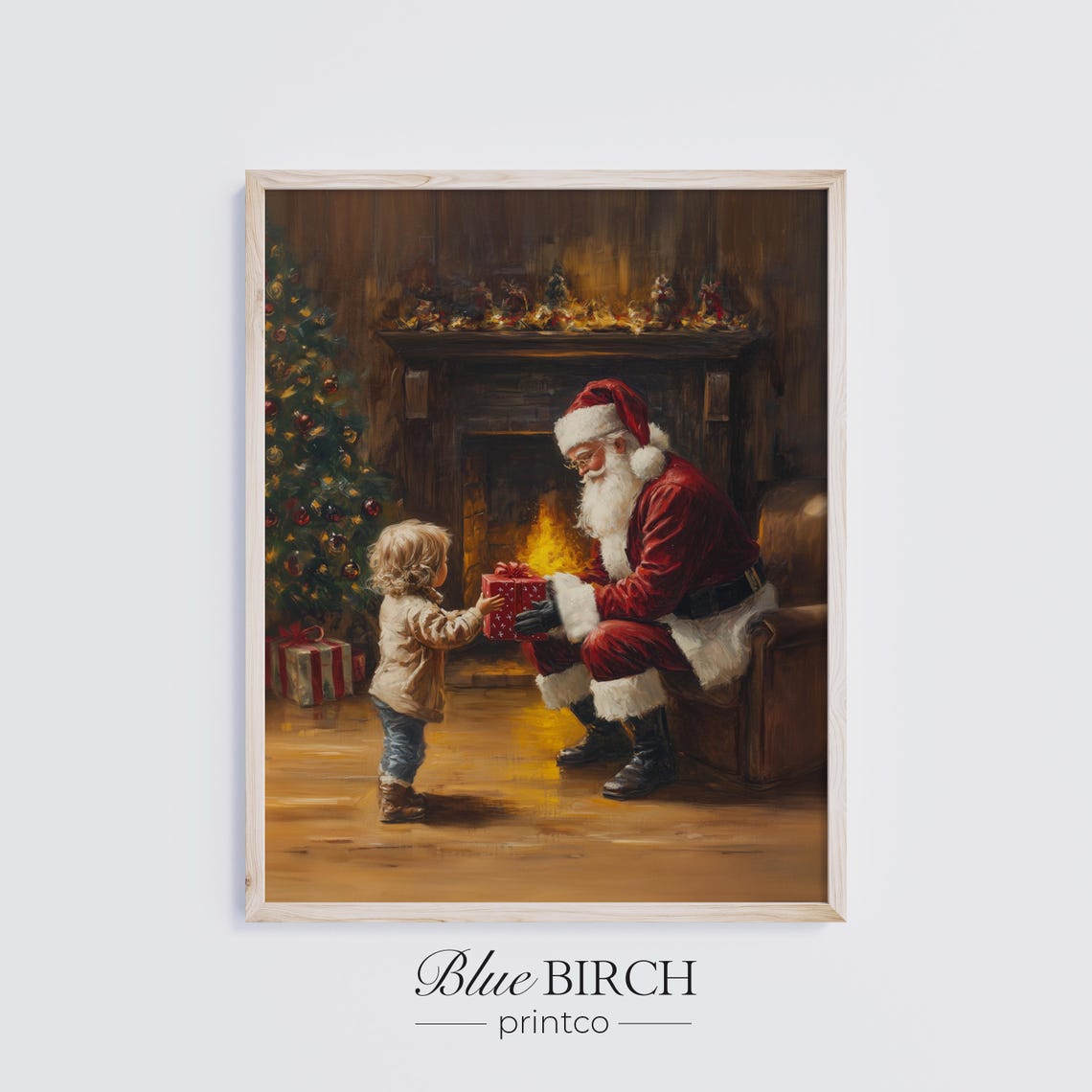 Santa and Child by the Fireplace Warm Christmas Scene Wall Art