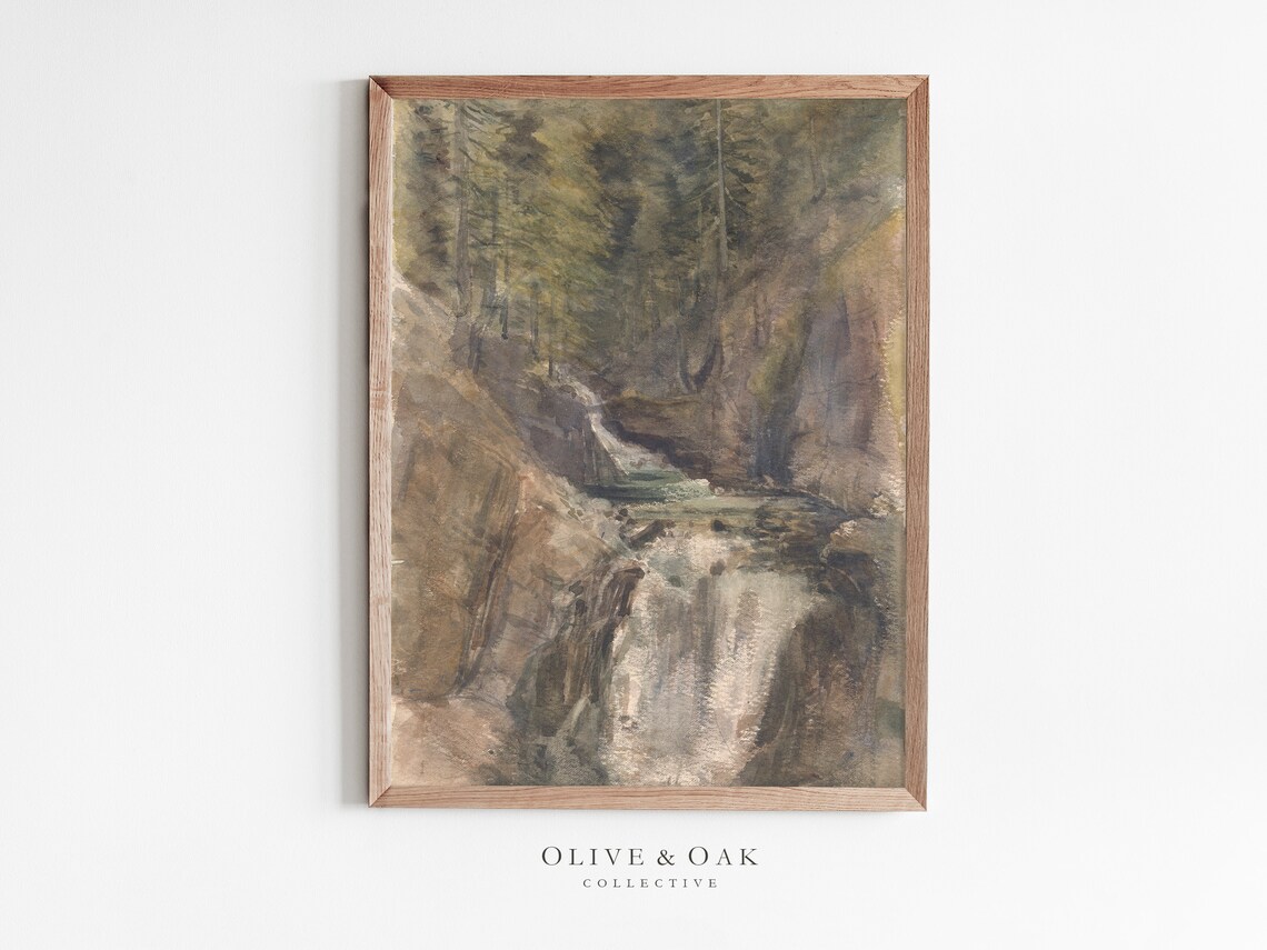 Rustic Waterfall Art Print, Muted Watercolor Landscape