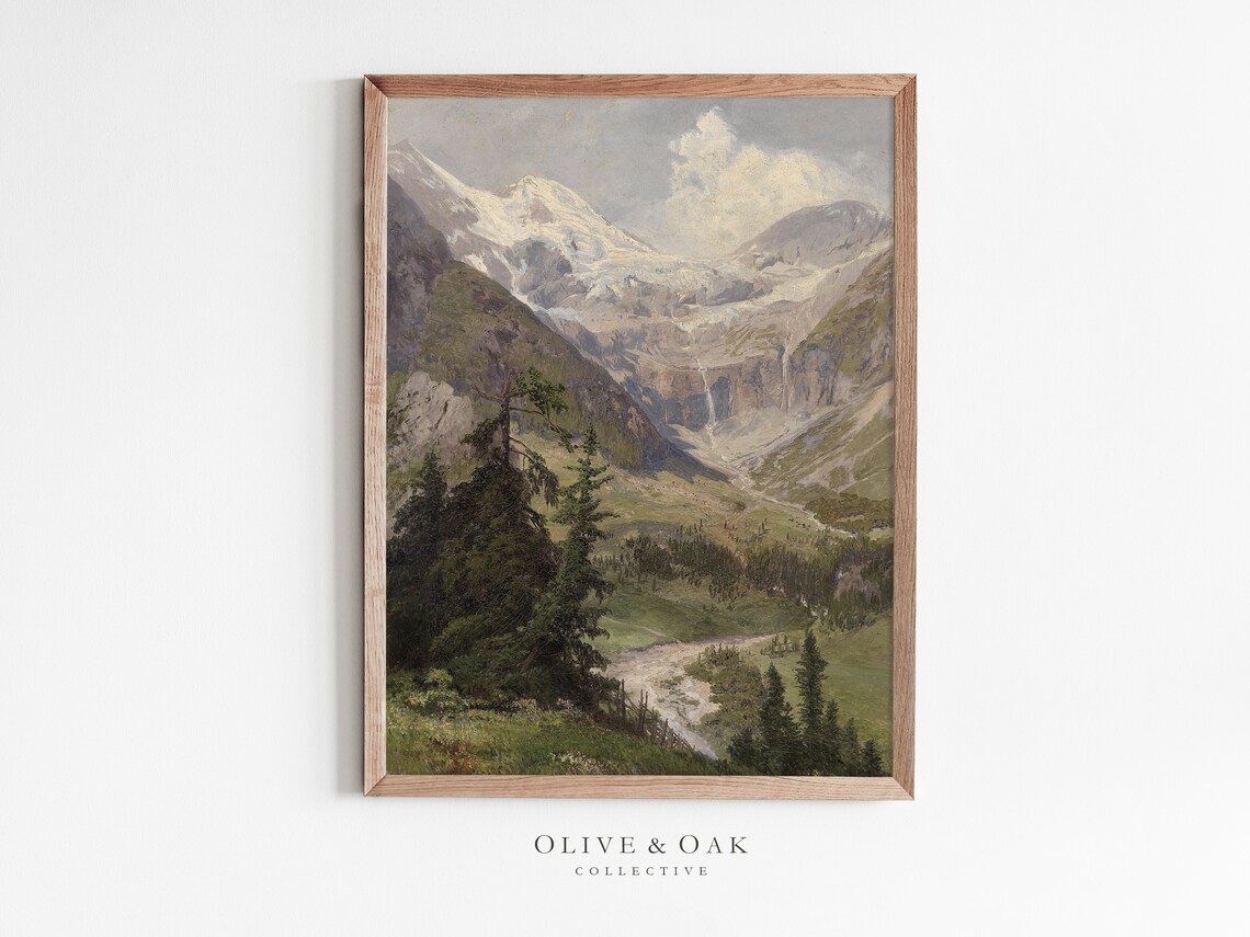 Rustic Mountain Landscape, Vintage Nature Art Print