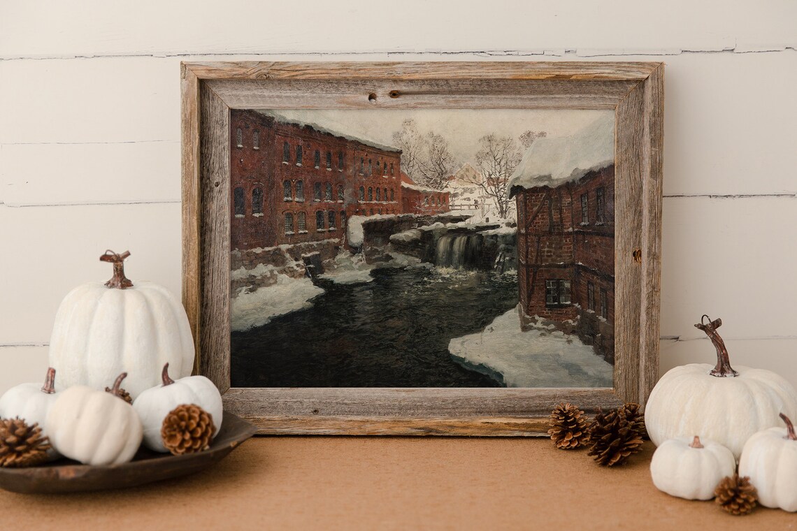 Vintage Winter Landscape, Snowy Cityscape Painting - Image 3
