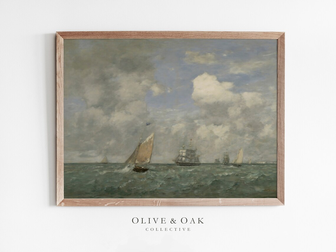 Vintage Ship Ocean Painting, Nautical Seascape Art Print