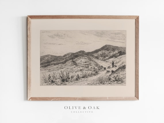 Landscape Sketch Vintage Etching, Farmhouse Decor