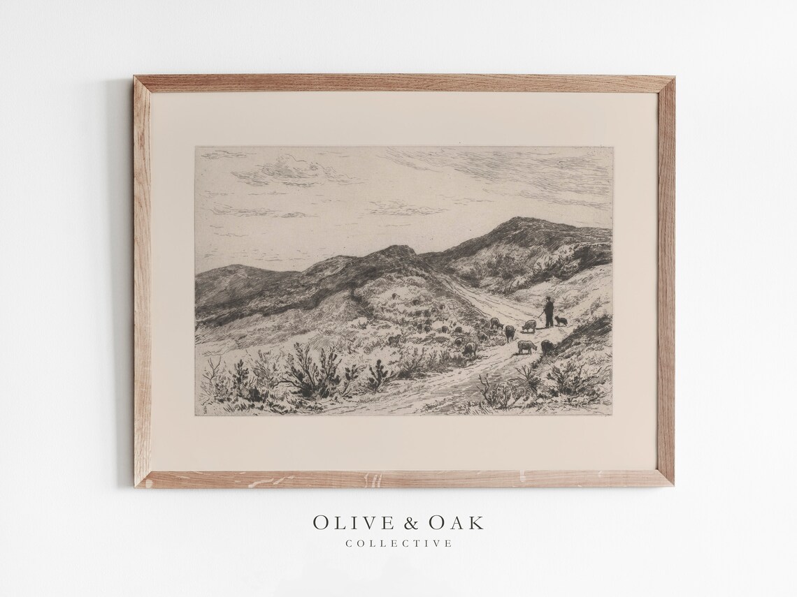 Landscape Sketch Vintage Etching, Farmhouse Decor