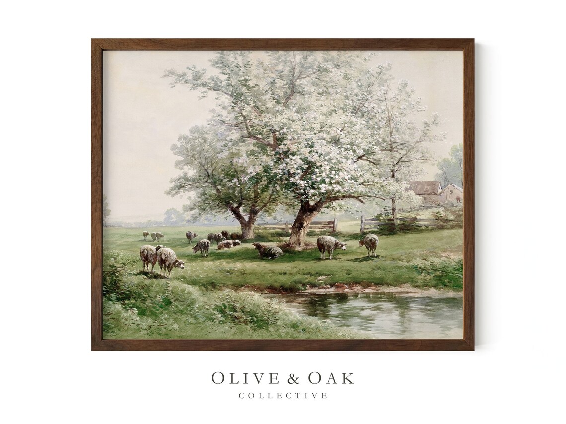 Spring Landscape With Sheep Pasture, Blossom Tree - Image 3