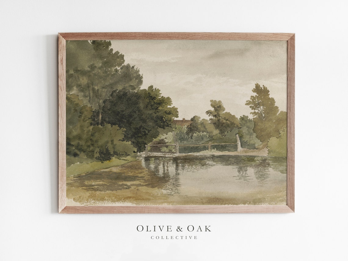 Green Landscape Painting, Vintage Landscape Art Print