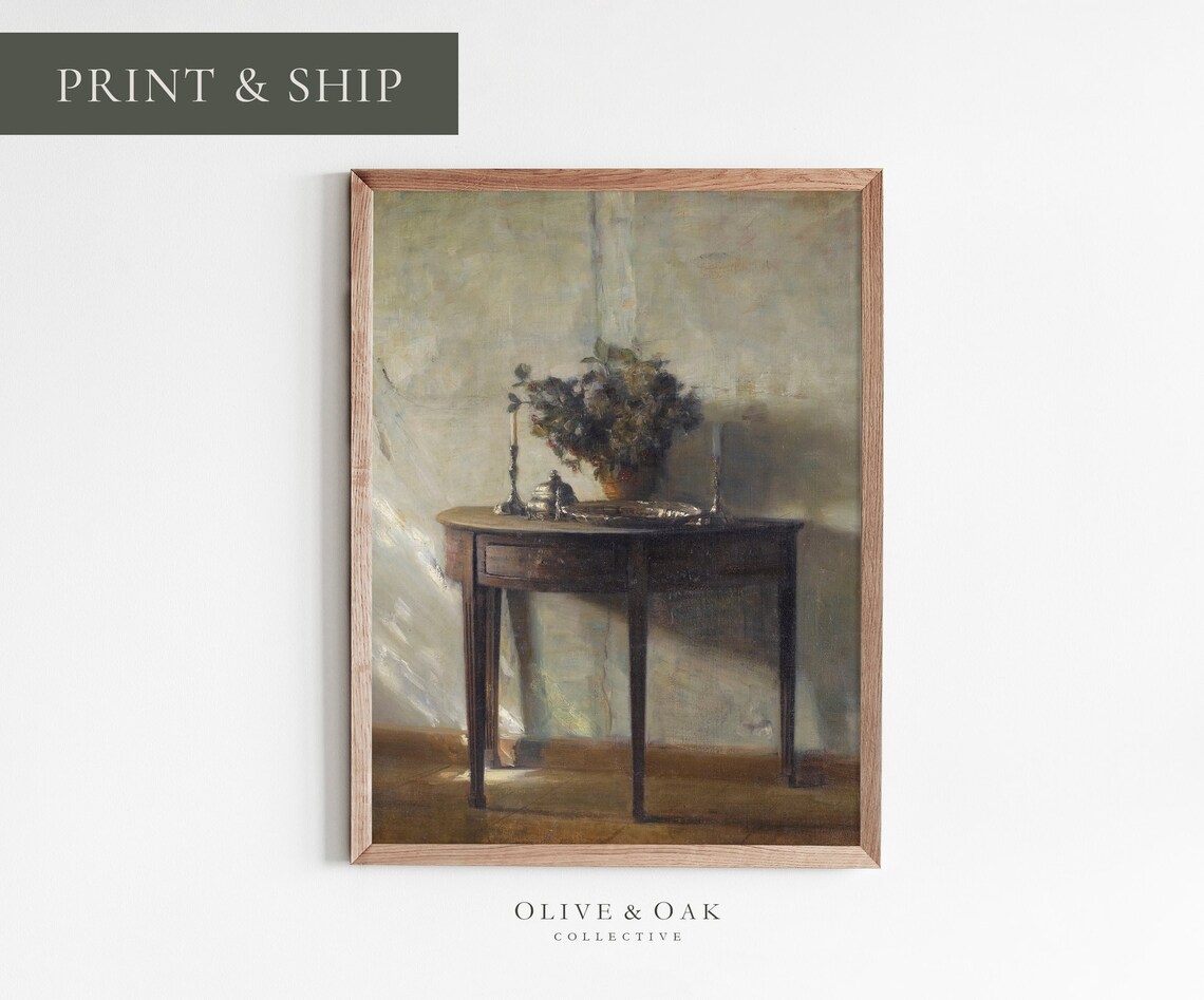 Moody Interior Still Life Painting, Neutral Decor