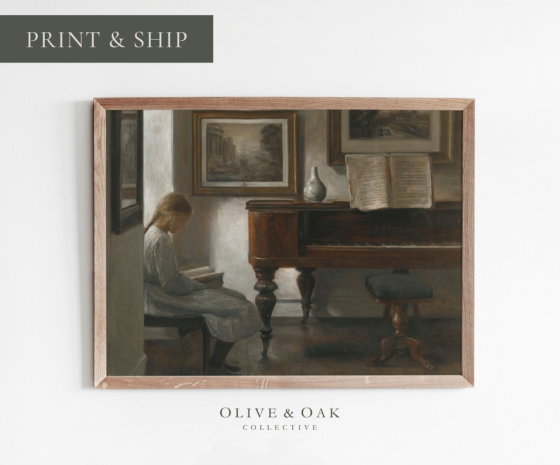 Vintage Piano Still Life Painting, Music Room Decor