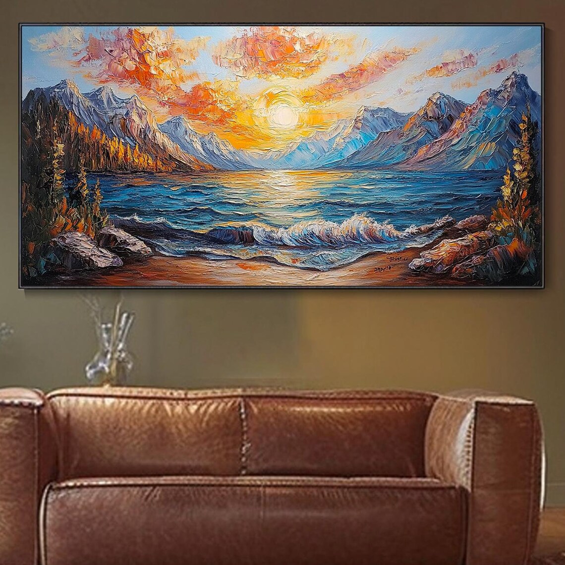 Golden Sunrise Mountain Lake Waves Snowy Peaks Impasto Art Poster
