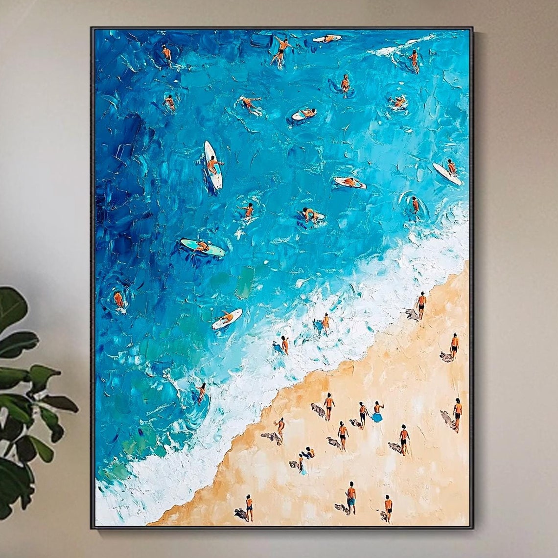 Aerial Beach Crowd Turquoise Water Swimmers Surfers Impasto Wall Art