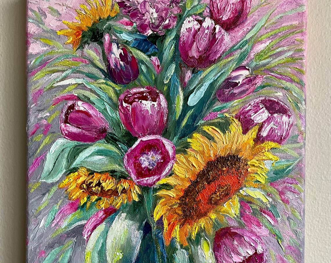 Tulips Original Handmade Oil Painting On Sunflowers Painting Floral Gallery Wall Art One Of A Kind Gift For Flower Lovers - Image 4