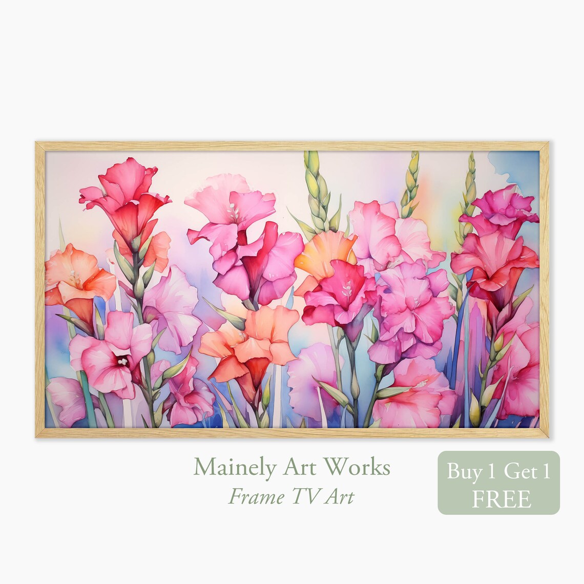 Soft Pink Gladiolus Flower Spikes Pastel Watercolor Floral Poster