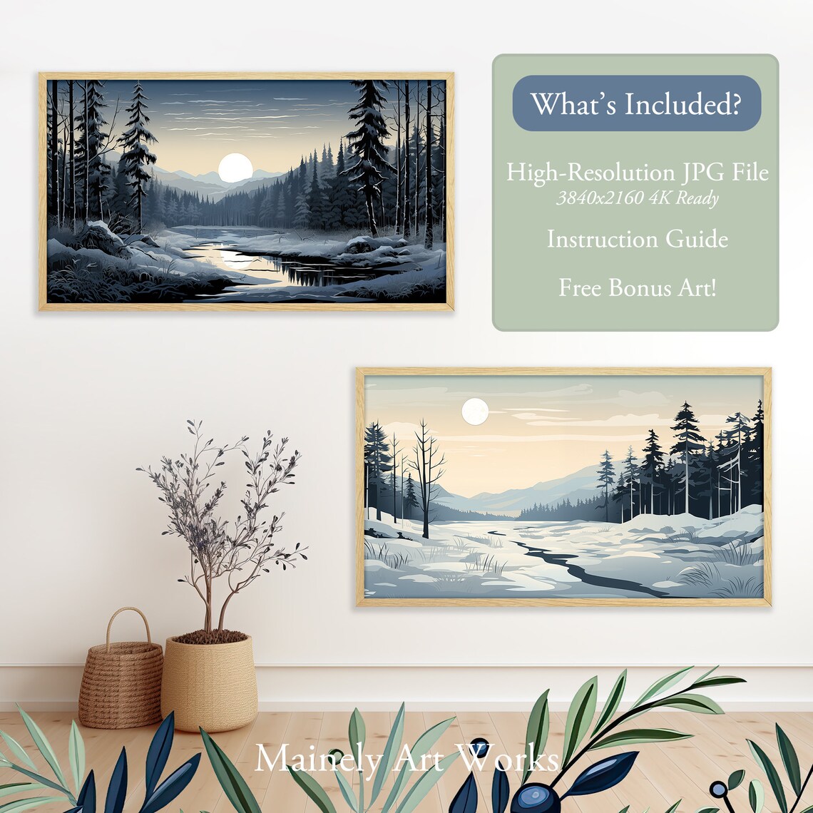 Full Moon Over Snowy Pine Forest With Frozen Stream Winter Night Wall Art Print - Image 2