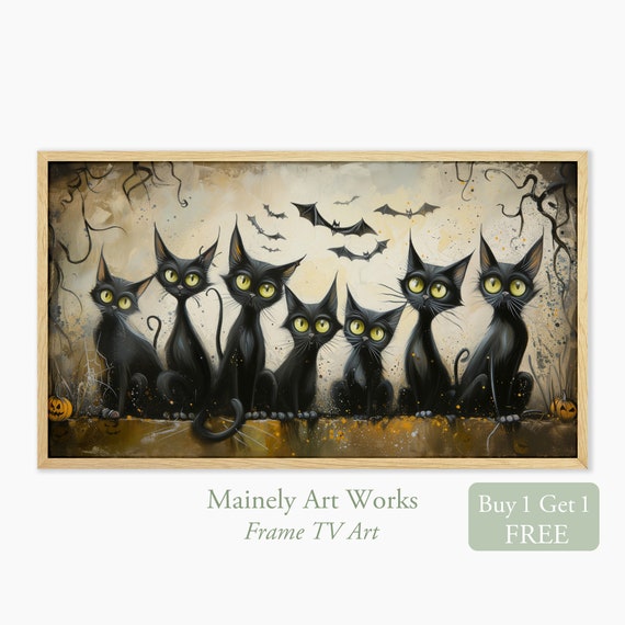 Black Cats, Halloween Cats and Bats Art Print