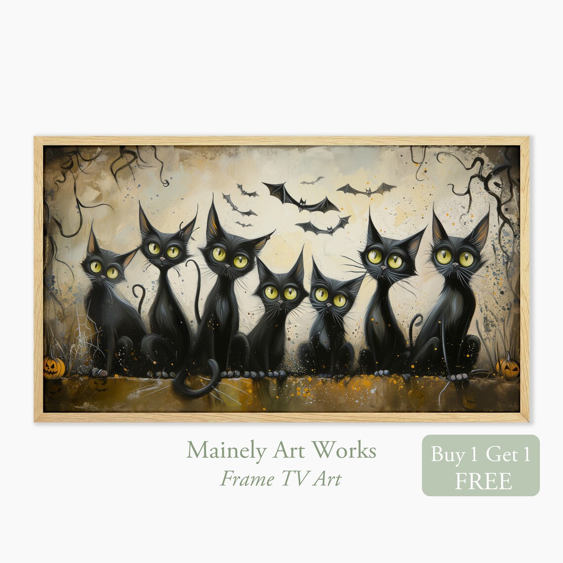 Black Cats, Halloween Cats and Bats Art Print