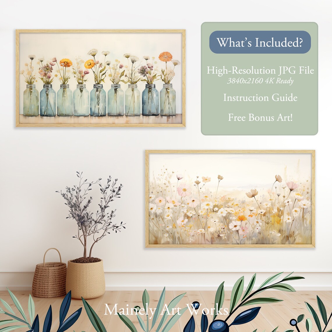 Wildflowers In Blue Mason Jars Row Vintage Farmhouse Still Life Wall Art Print - Image 2