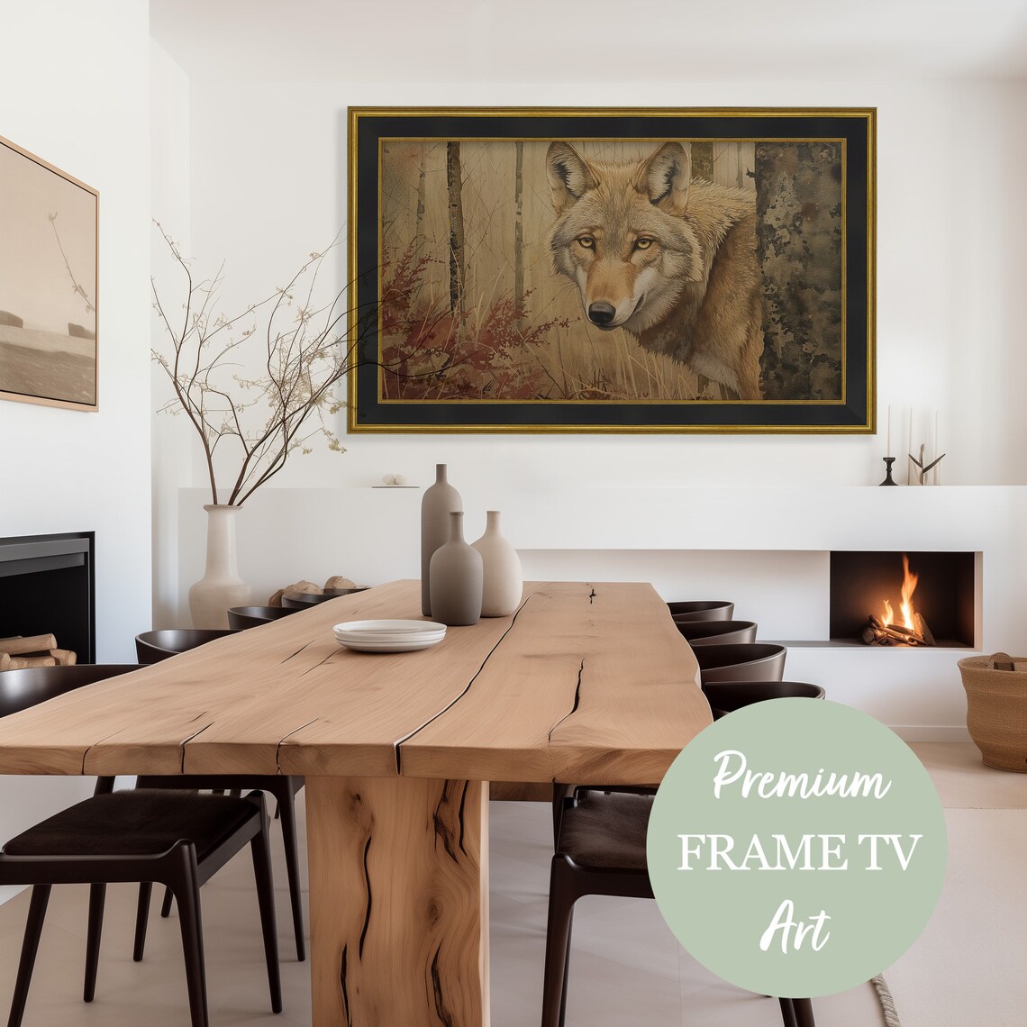 Realistic Wolf Peering From Behind Tree Autumn Woods Wildlife Wall Art Print - Image 2