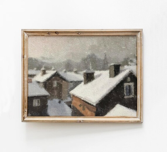 Snow Covered Village Rooftops Winter Landscape Oil Style Art Poster