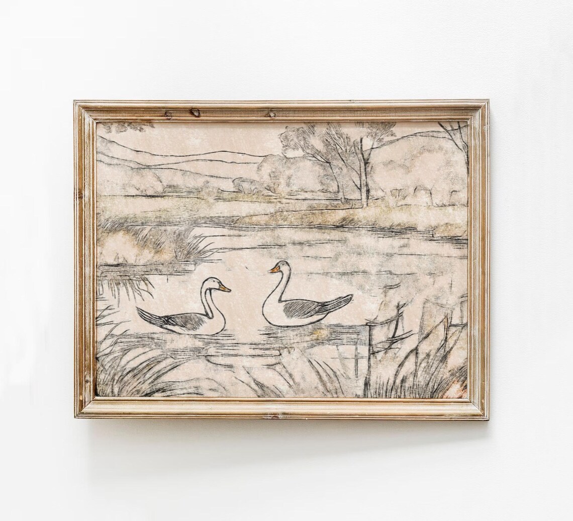 Vintage Goose Sketch Neutral Nursery Geese Lake Drawing Wall Art