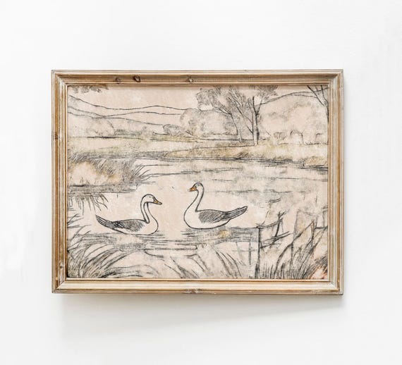 Vintage Goose Print Nursery Room Sketch Neutral Geese In Lake Art Girl Bedroom Wall Modern Organic Decor Cute Coquette