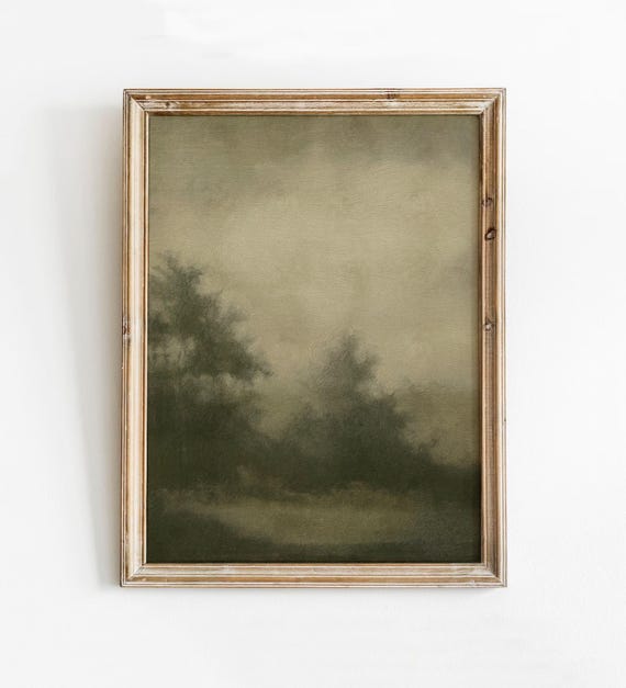 Green Trees Abstract Art Moody Neutral Print Landscape Watercolor Painting Modern Organic Decor Field Wall Vintage Beige