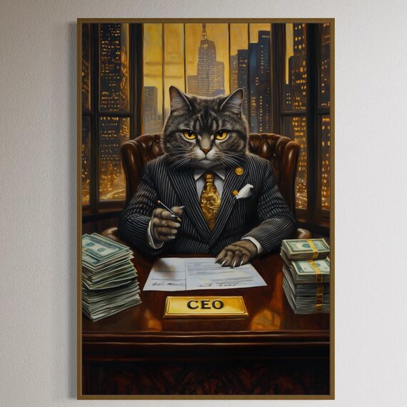 Wall Street Ceo Cat Art Funny Business Cat Luxury Office Decor Whimsical Feline Banker Print For Living Room Above Bed