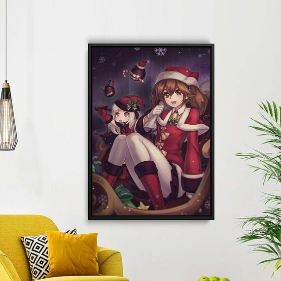 Cute Anime Christmas Girls In Santa Outfits Under Snowy Night Sky Poster