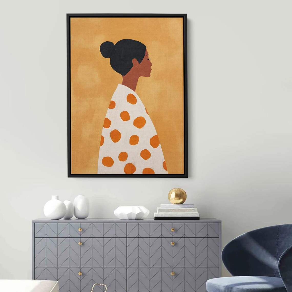Minimal African Woman Profile Polka Dot Dress Warm Orange Wall Art