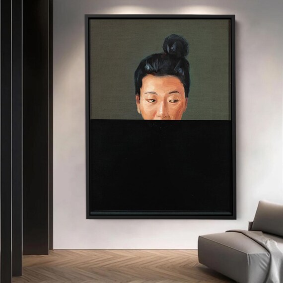 Half Hidden Woman Portrait Above Black Block Minimalist Modern Wall Art