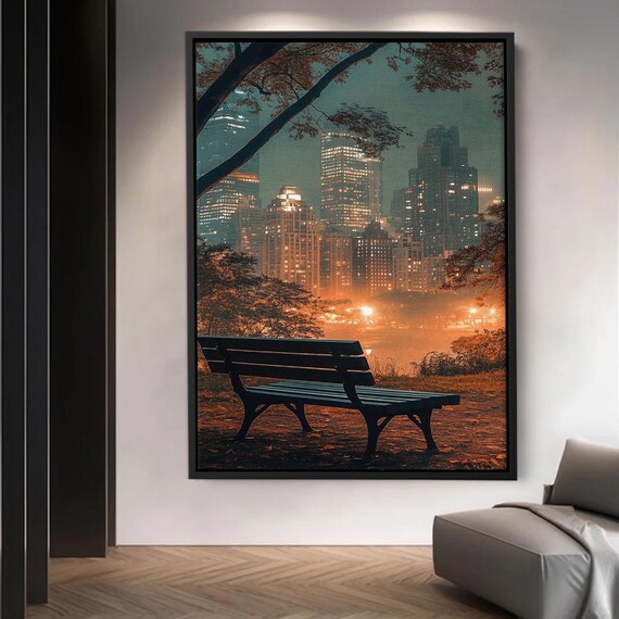 Urban Nightscape Canvas City Lights Park Bench Wall Art Dreamy Cityscape Print Modern Skyline Home Decor Foggy Night Poster