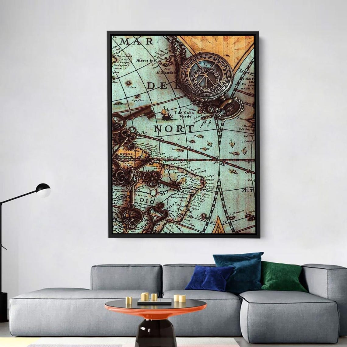 Vintage Explorer World Map Brass Compass Antique Keys Travel Poster