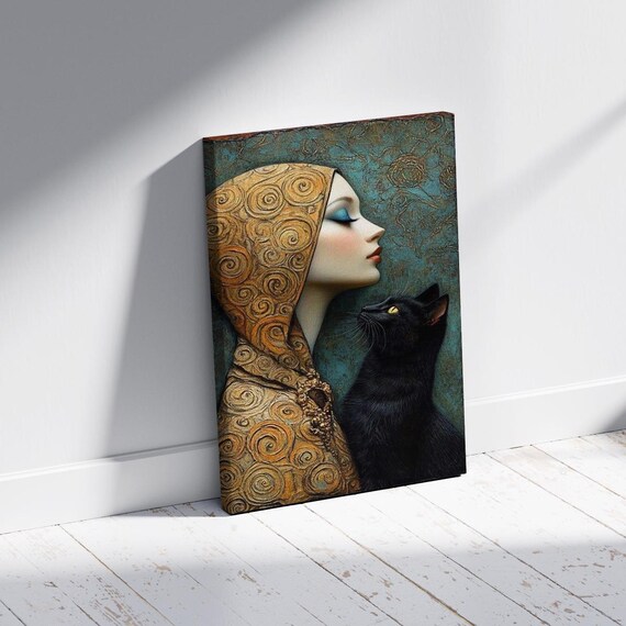 Mystic Woman And Black Cat Gothic Enigmatic Art Golden Swirls Spiritual Fantasy Canvas Captivating Wall Decor Mysterious Female Portrait