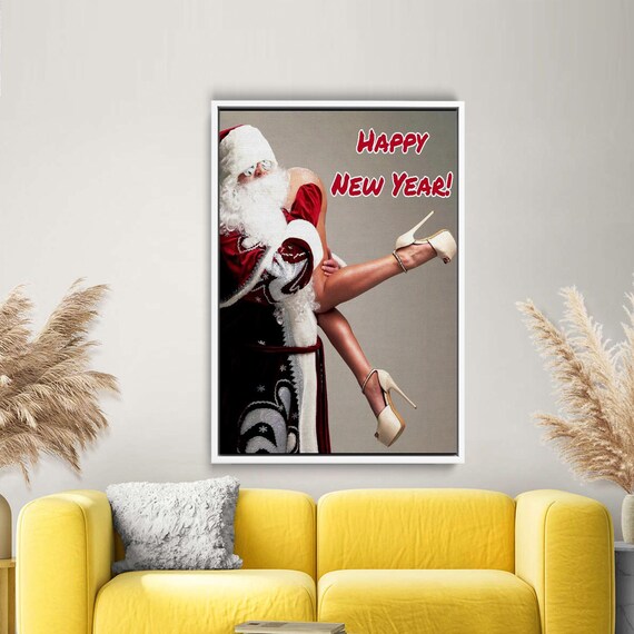 Funny Santa Carrying Woman In Heels Happy New Year Humorous Print