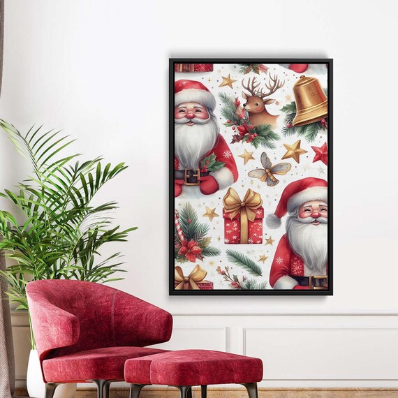 Santa Claus With Reindeer Gifts Golden Bell Stars Christmas Wall Art