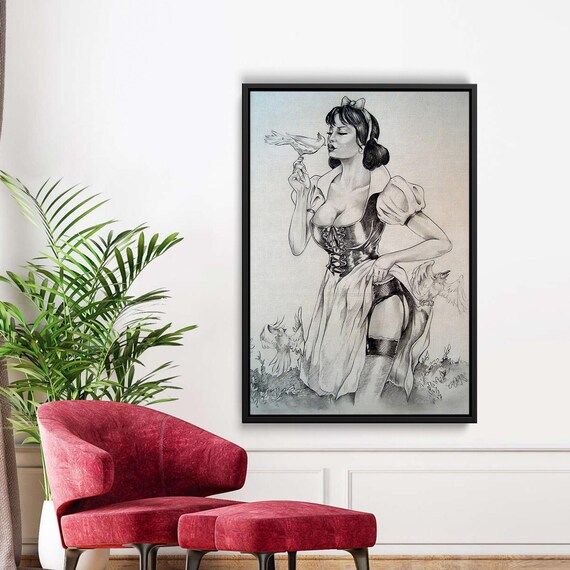 Vintage Pencil Sketch Fairytale Pinup Woman With Birds Art Poster