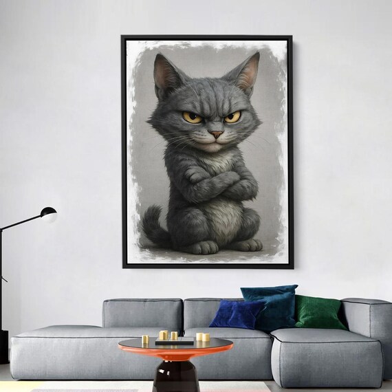 Angry Cross Armed Cat Illustration Funny Animal Wall Art Whimsical Poster For Home Decor