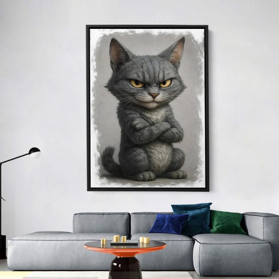 Angry Cross Armed Gray Cat Funny Grumpy Kitty Illustration Poster