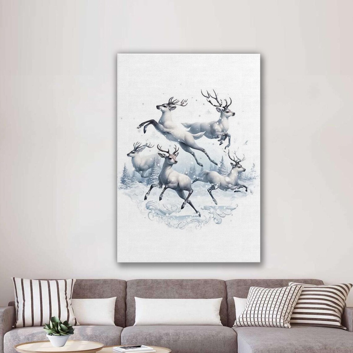 White Reindeer Running in Snowy Forest Elegant Christmas Poster