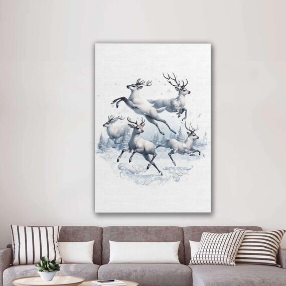 White Reindeer Running in Snowy Forest Elegant Christmas Poster