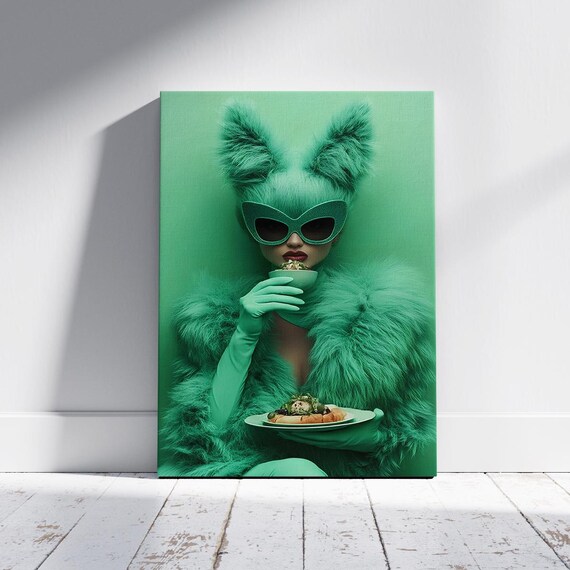 Green Faux Fur Fashion Woman Monochrome Surreal Portrait Print