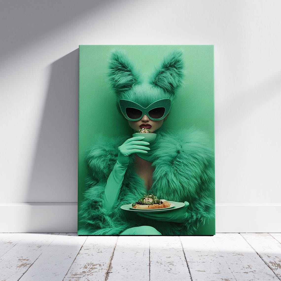 Green Fashion Woman Portrait Surreal Art Print Fur Outfit Wall Decor Whimsical Stylish Lady Poster Bold Color Canvas Painting