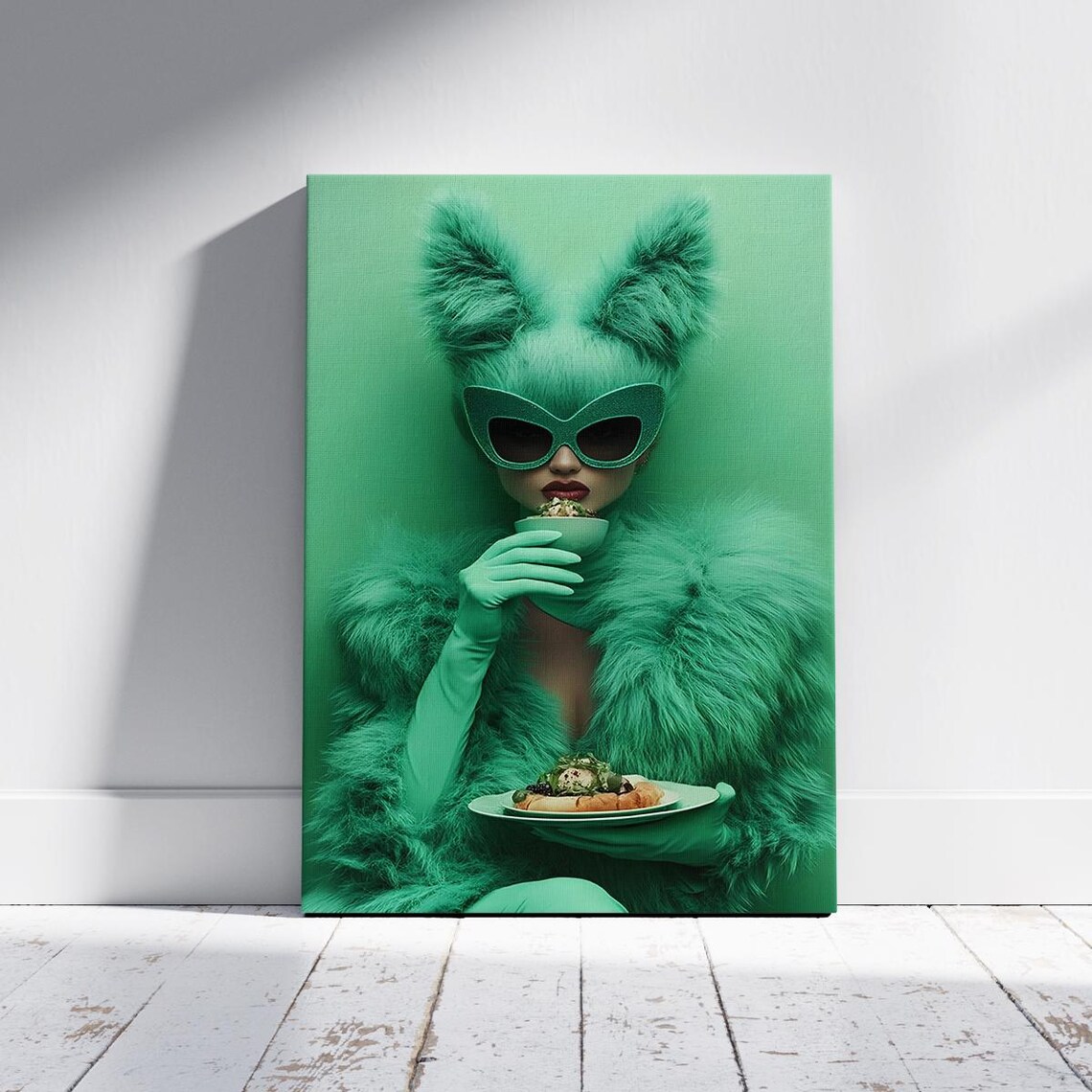 Green Faux Fur Fashion Woman Monochrome Surreal Portrait Print