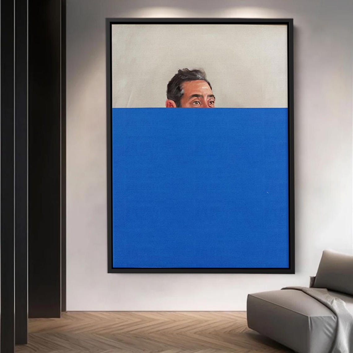 Half Hidden Man Portrait Above Blue Block Minimalist Modern Wall Art