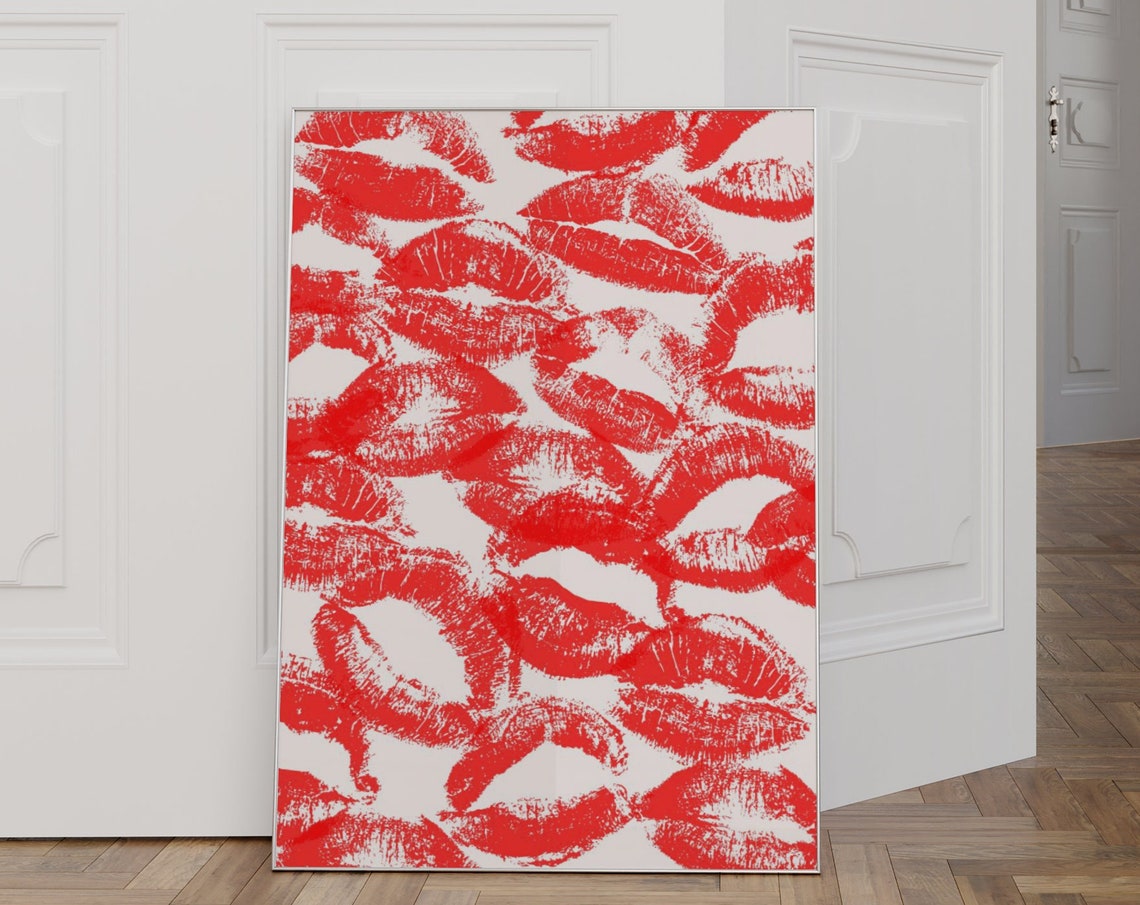 Trendy Lipstick Kisses Print Y2k Funky Wall Art Red Mouth Kisses Poster Modern Wall Art Woman Print French Kiss Print - Image 3